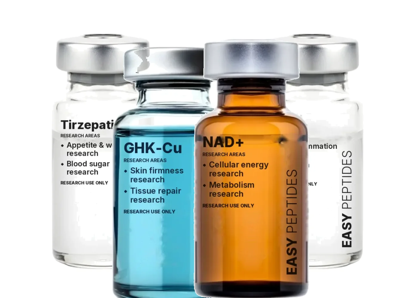 Easy Peptides research vials: Tirzepatide, GHK-Cu, NAD+ and KPV